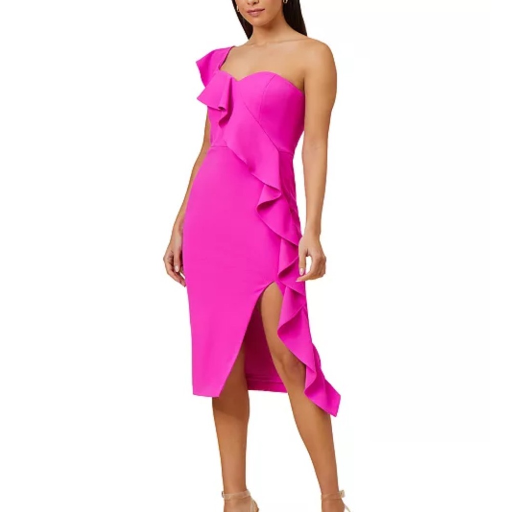 Aidan By Adriana Papell Pink Ruffled One-Shoulder Midi Sheath Dress Size 2
